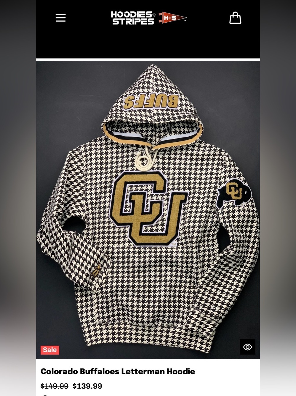NWT - Unisex - Colorado Buffaloes Houndstooth Letterman Hoodie - Black & Cream